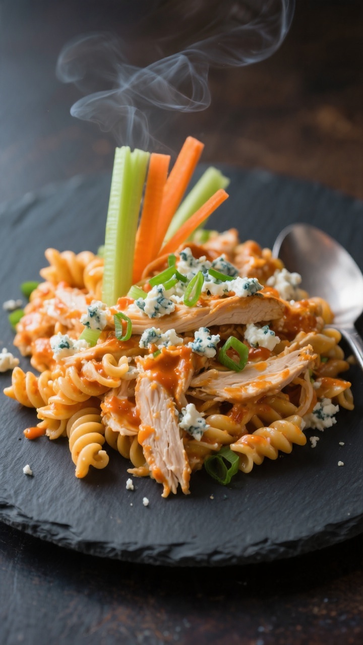 Final dish presentation: Beautifully plated individual serving of Buffalo Chicken Pasta Salad variat