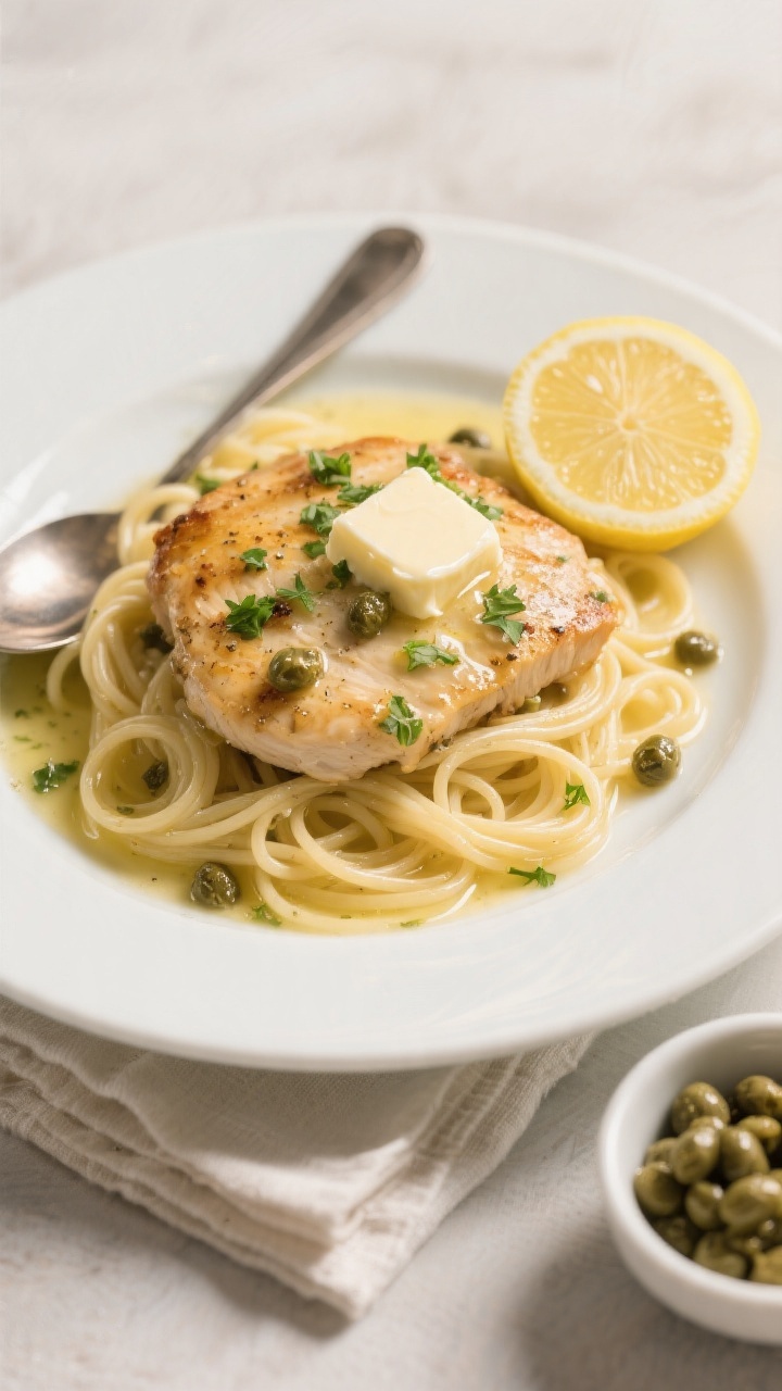 Final dish presentation: Beautifully plated Lemon Butter Chicken Piccata over twirls of al dente ang