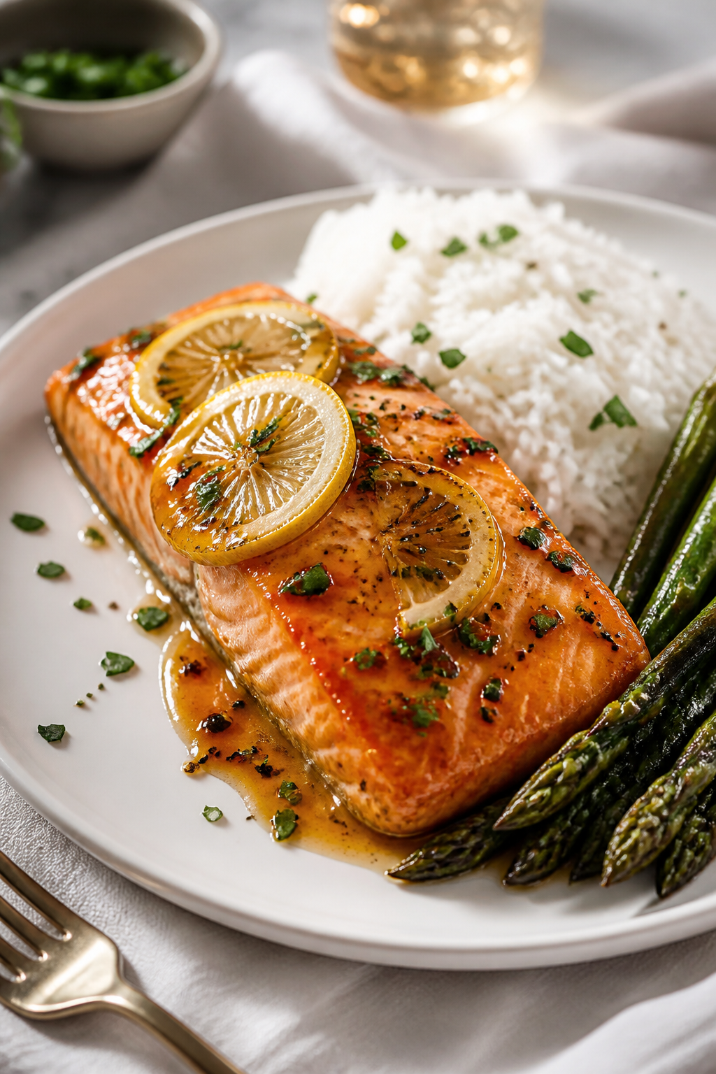 Final dish presentation: Beautifully plated Lemon Honey Glazed Salmon on a white ceramic plate, fill