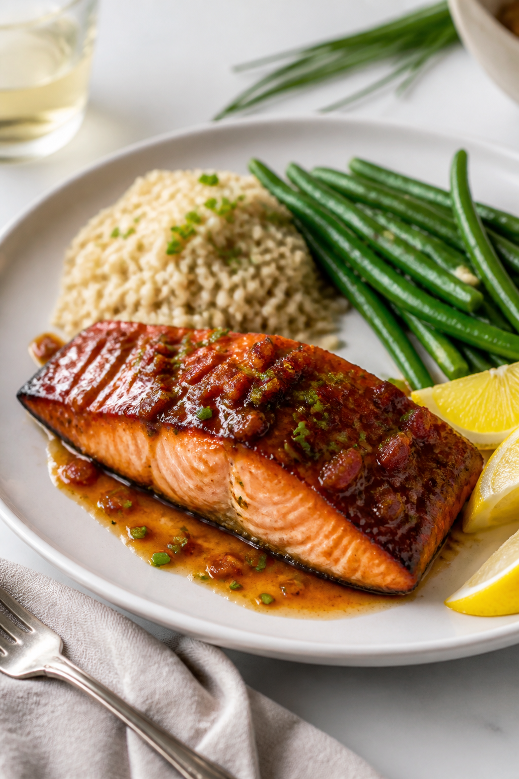 Final dish presentation: Beautifully plated Maple Bacon Glazed Salmon on a matte white plate, garnis