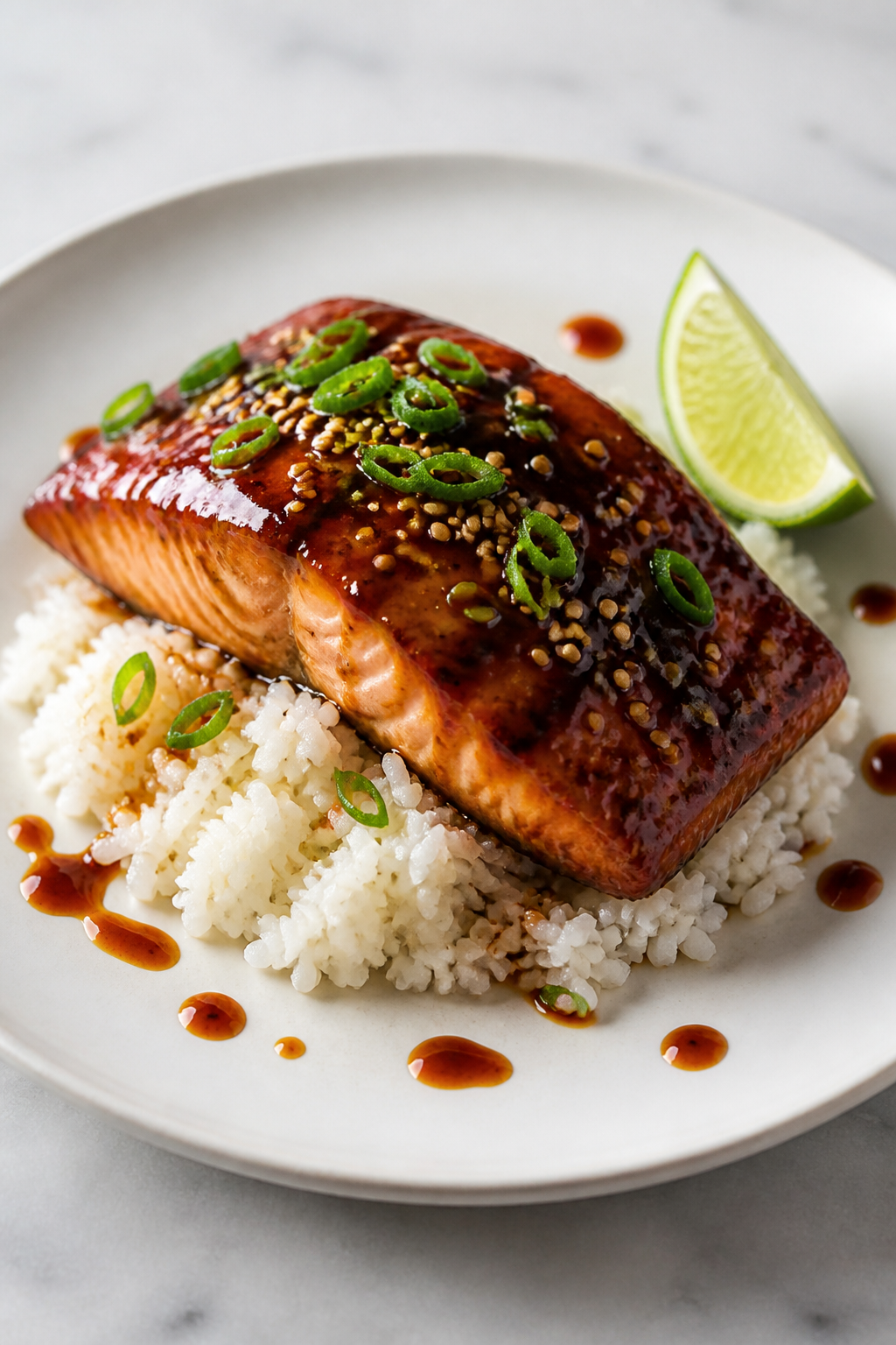 Final dish presentation: Beautifully plated Maple Soy Glazed Salmon on a matte white plate over a be