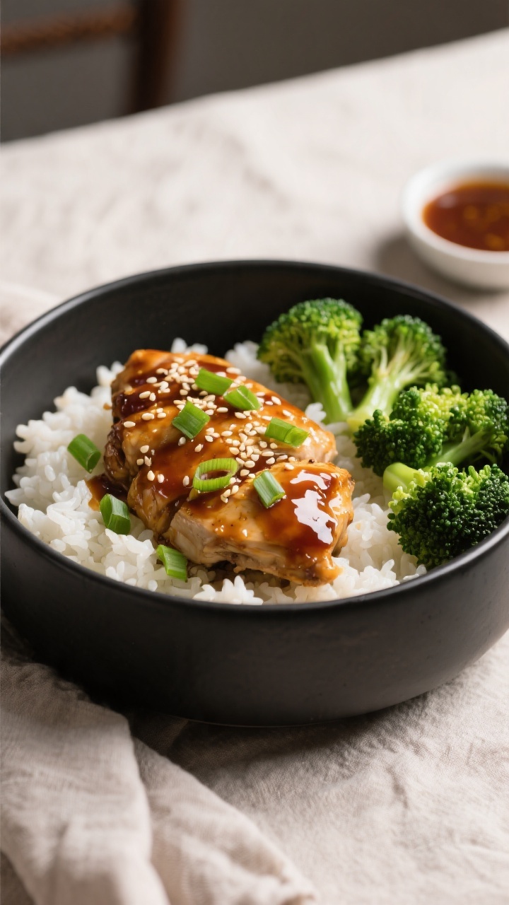 Final dish presentation: Beautifully plated Slow Cooker Honey Garlic Chicken over fluffy white rice 