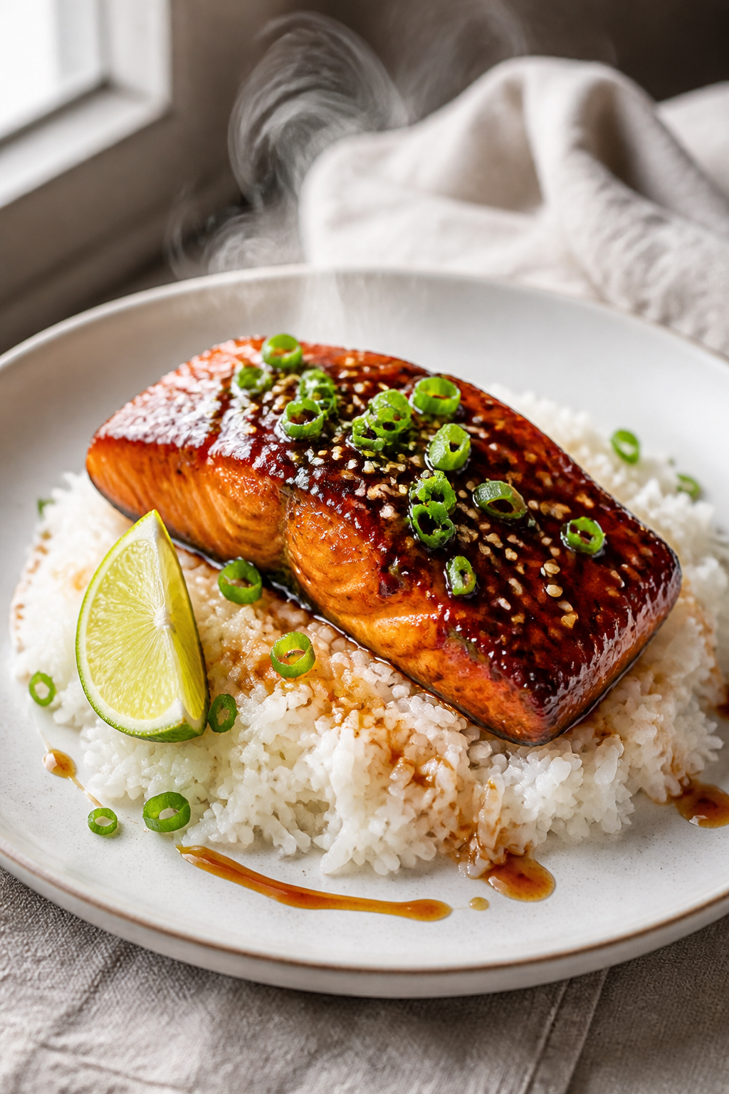 Final dish presentation: Beautifully plated Sticky Bourbon Salmon over fluffy jasmine rice on a matt