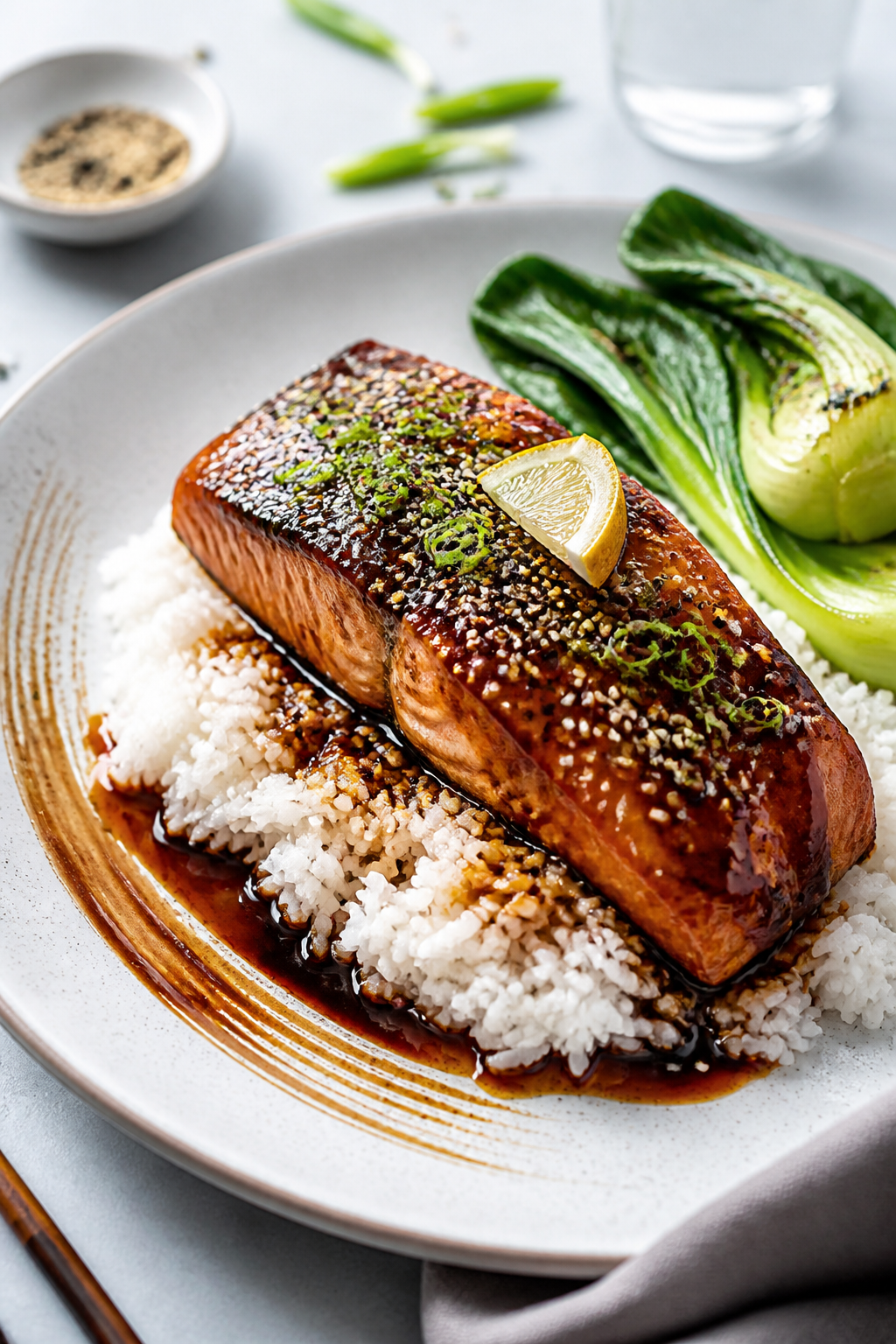 Final dish presentation: Beautifully plated sticky sesame glazed salmon over fluffy jasmine rice wit