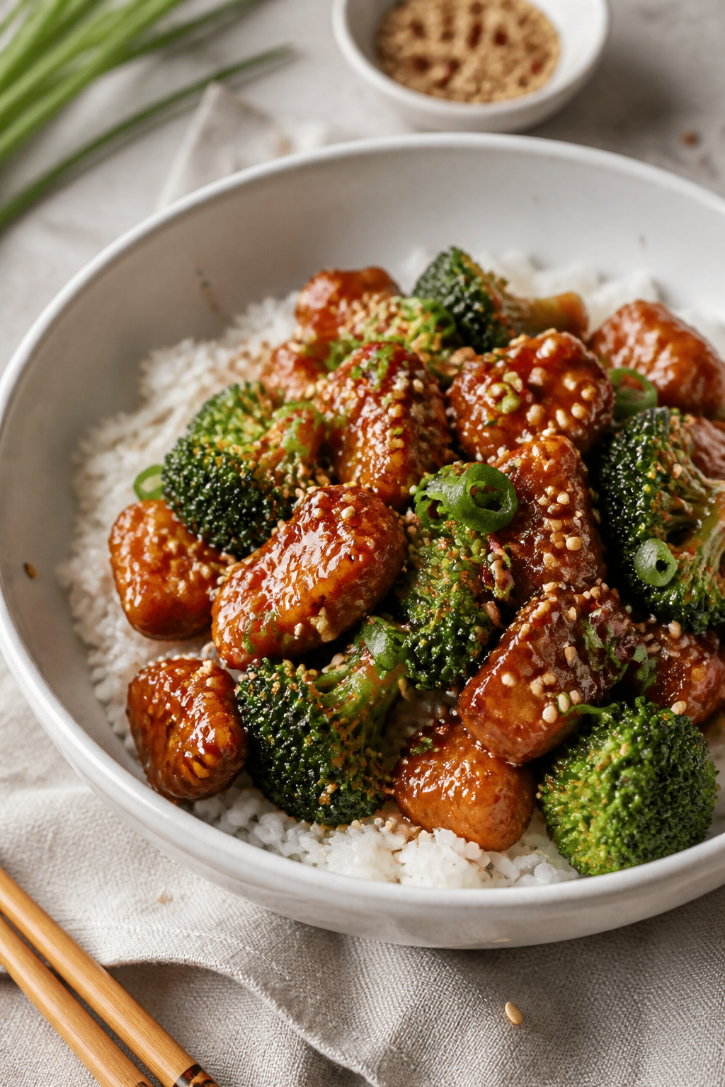 Final dish presentation: Beautifully plated Sticky Sesame Chicken & Broccoli over a bed of fluffy ja