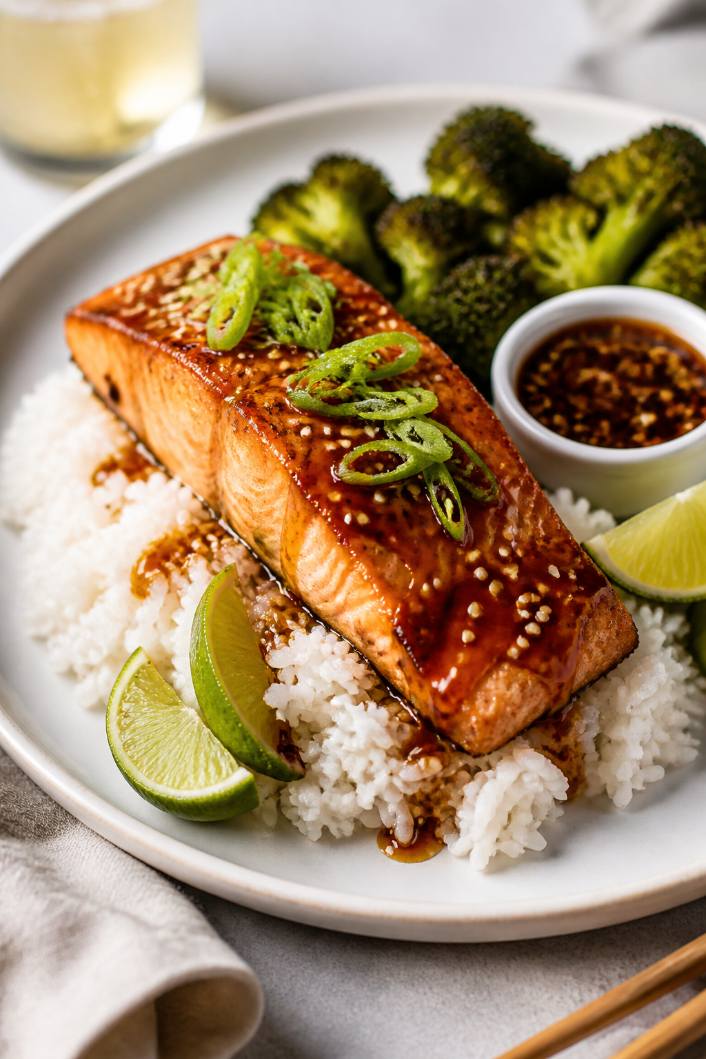 Final dish presentation: Beautifully plated Sweet & Spicy Honey Salmon on a matte white plate over a