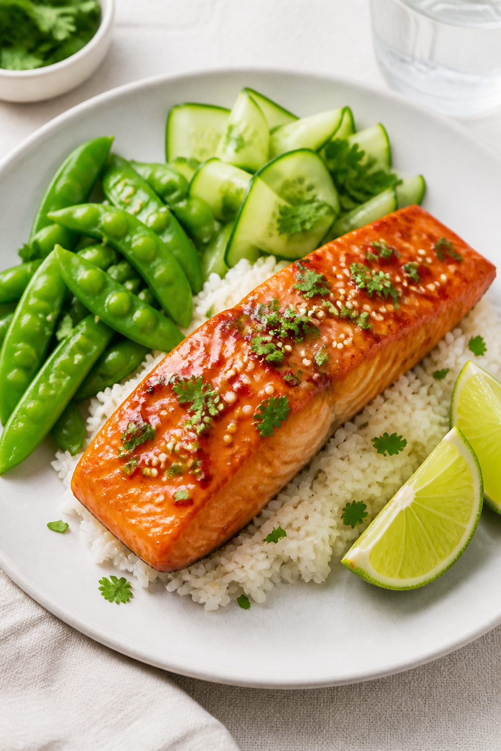 Final dish presentation: Beautifully plated Sweet Thai Chili Salmon over fluffy jasmine rice with a