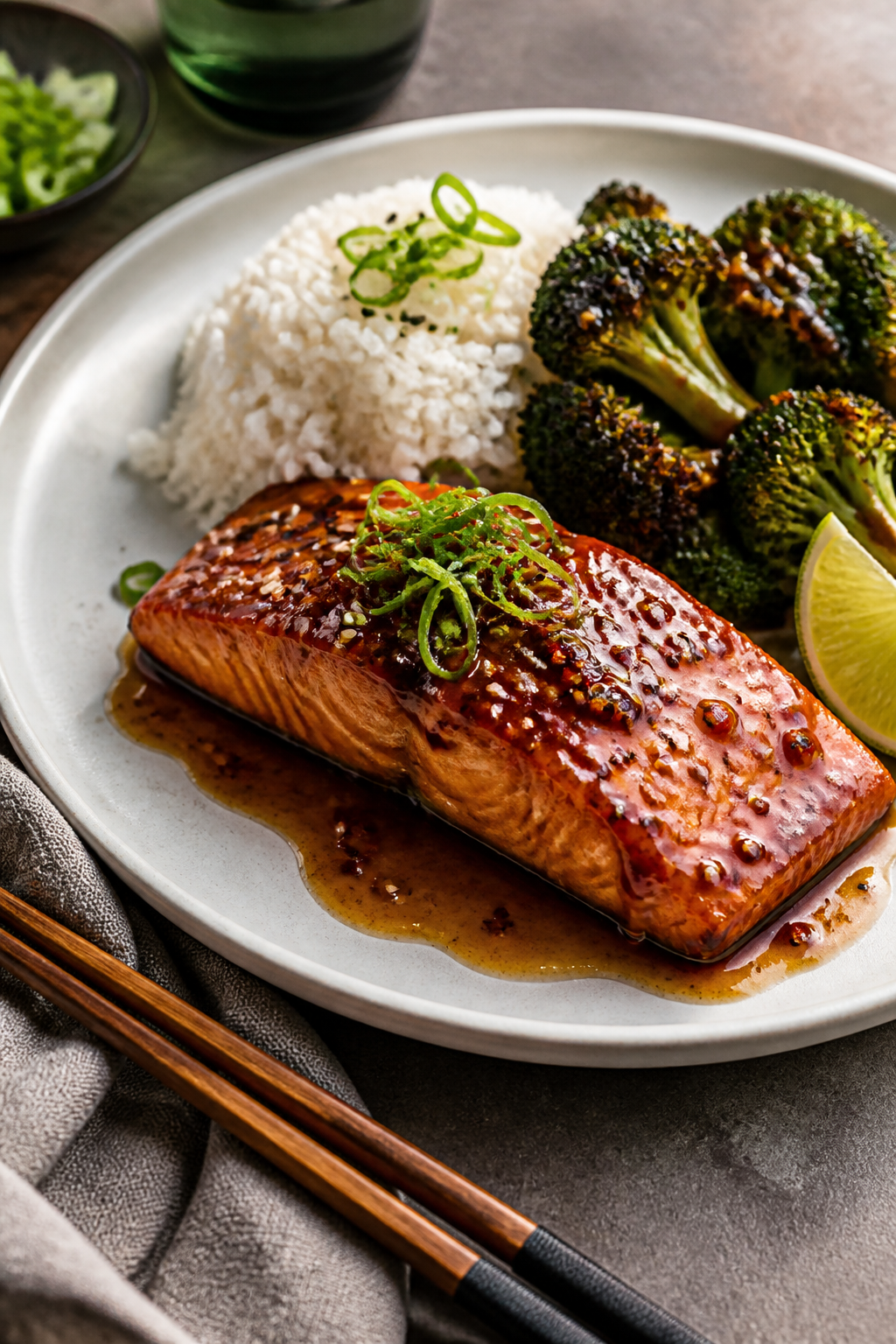 Final dish presentation: Beautifully plated Sweet Heat Glazed Salmon fillet on a matte white plate, 
