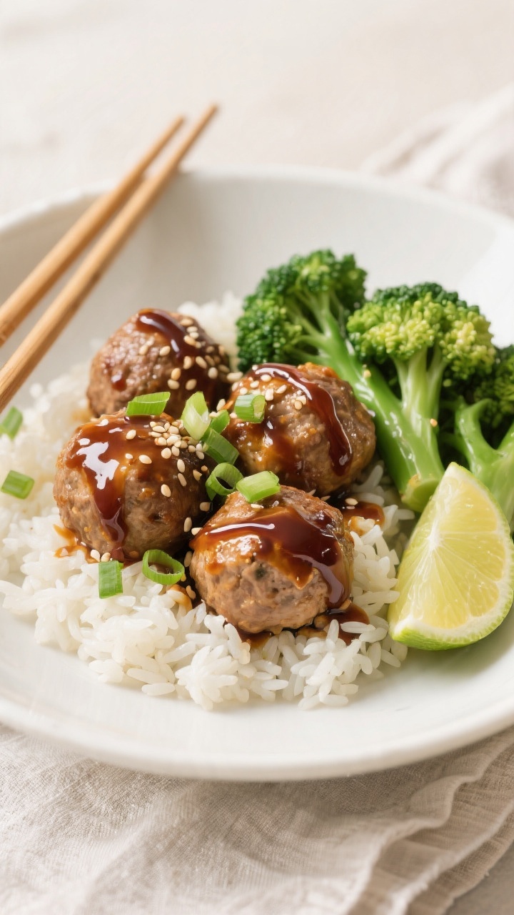 Final dish presentation: Beautifully plated teriyaki turkey meatballs over fluffy jasmine rice with 