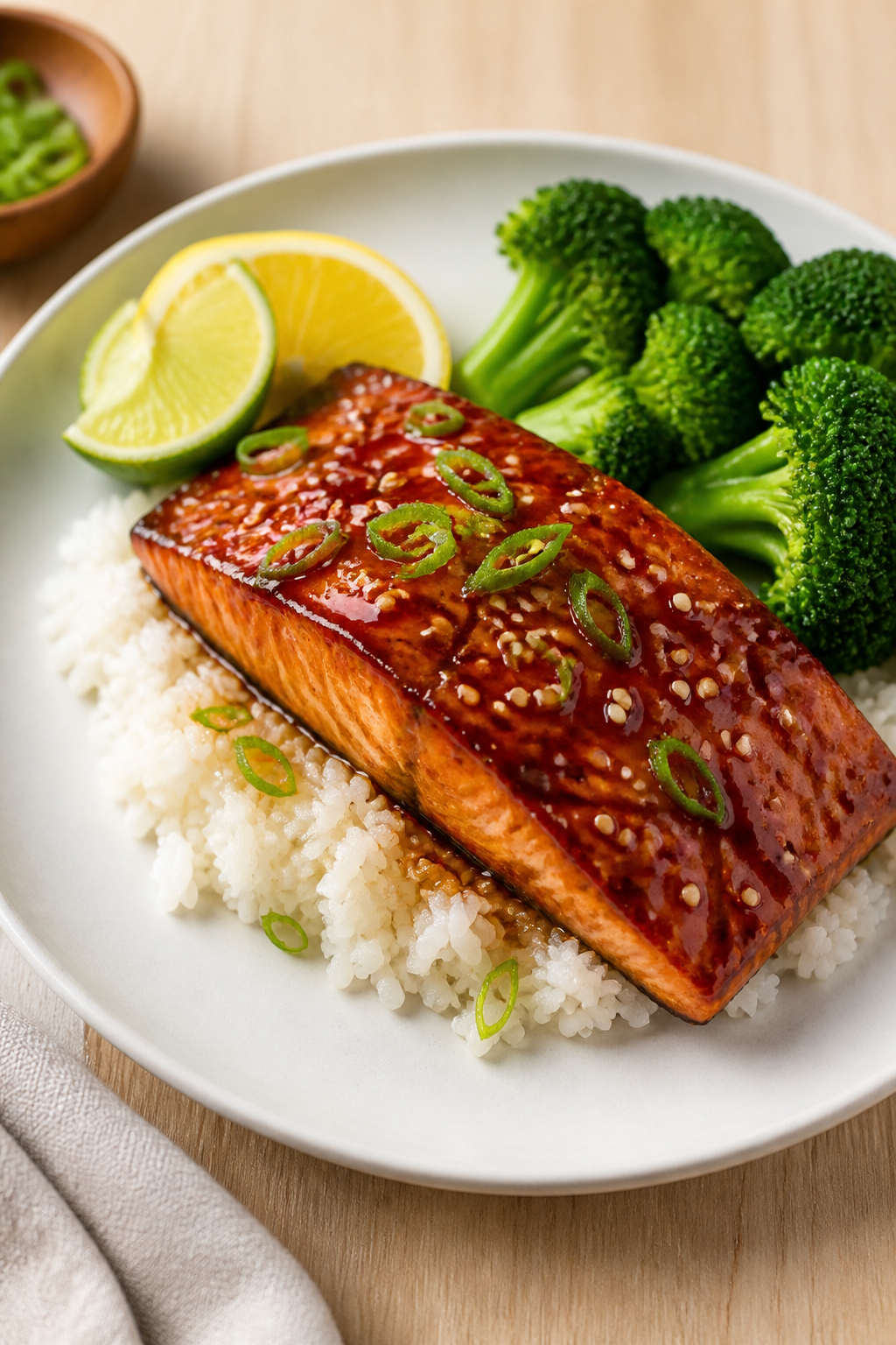 Final dish presentation: Beautifully plated teriyaki glazed salmon with a mirror-like glaze, sprinkl