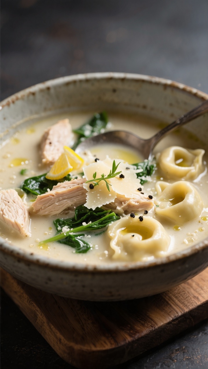 Final dish presentation, close-up detail: Ladled bowl of creamy chicken tortellini soup with emphasi