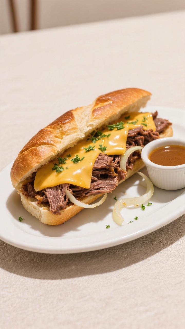 Final dish presentation: French Dip Sandwich assembled on a crusty toasted hoagie roll brushed with 
