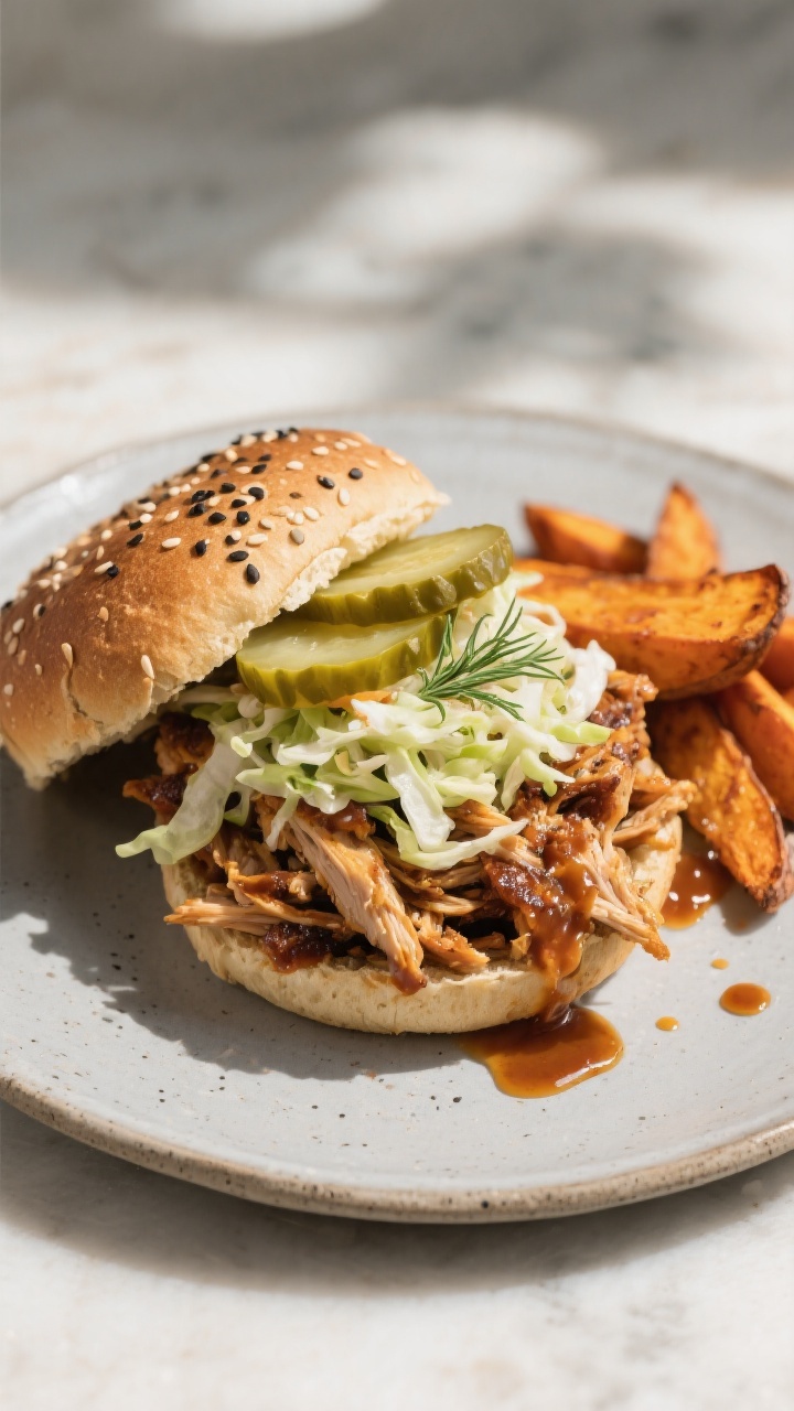 Final dish presentation: Healthy BBQ pulled chicken piled on toasted whole-grain buns, topped with c