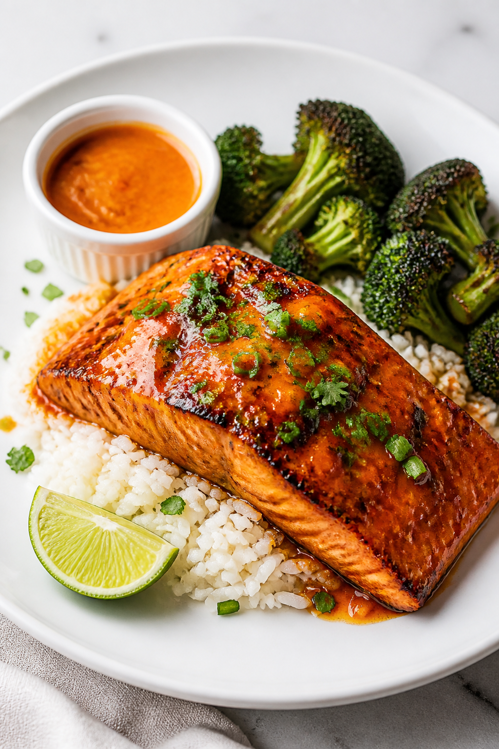 Final dish presentation: Mango Habanero Salmon plated restaurant-style on a wide white plate over a