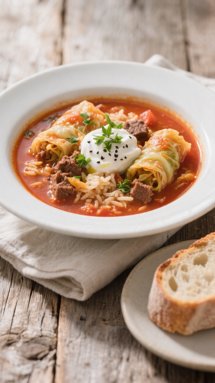 Final dish presentation: Restaurant-quality bowl of Slow Cooker Cabbage Roll Soup plated in a wide, 
