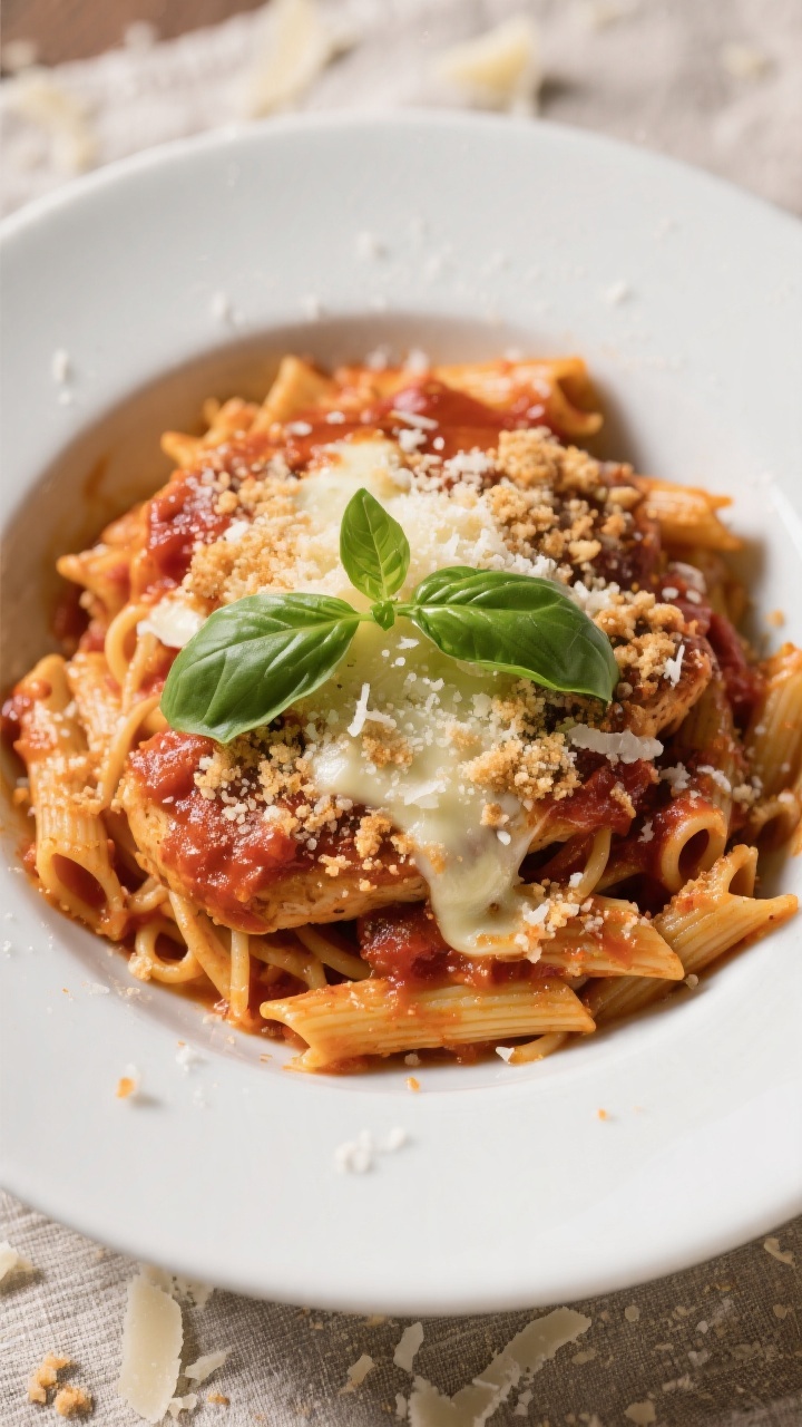 Final dish presentation: Restaurant-quality bowl of One Pot Chicken Parmesan Pasta served hot—over