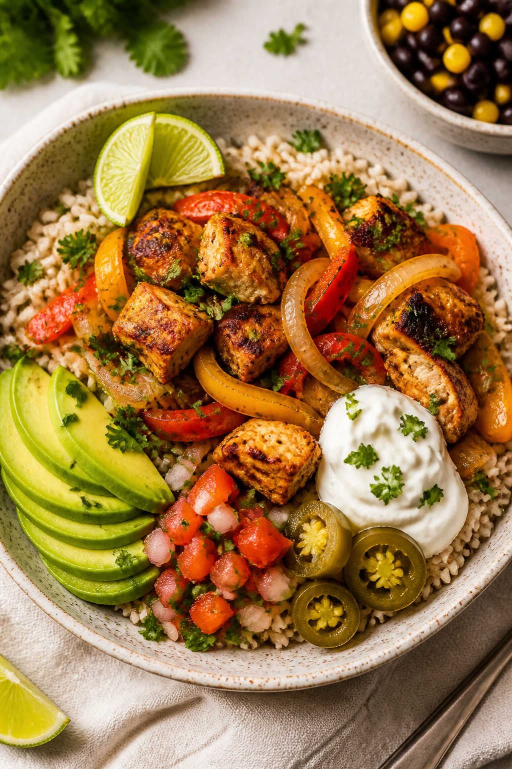 Final dish presentation: Restaurant-quality chicken fajita bowl assembled on warm cilantro-lime brow