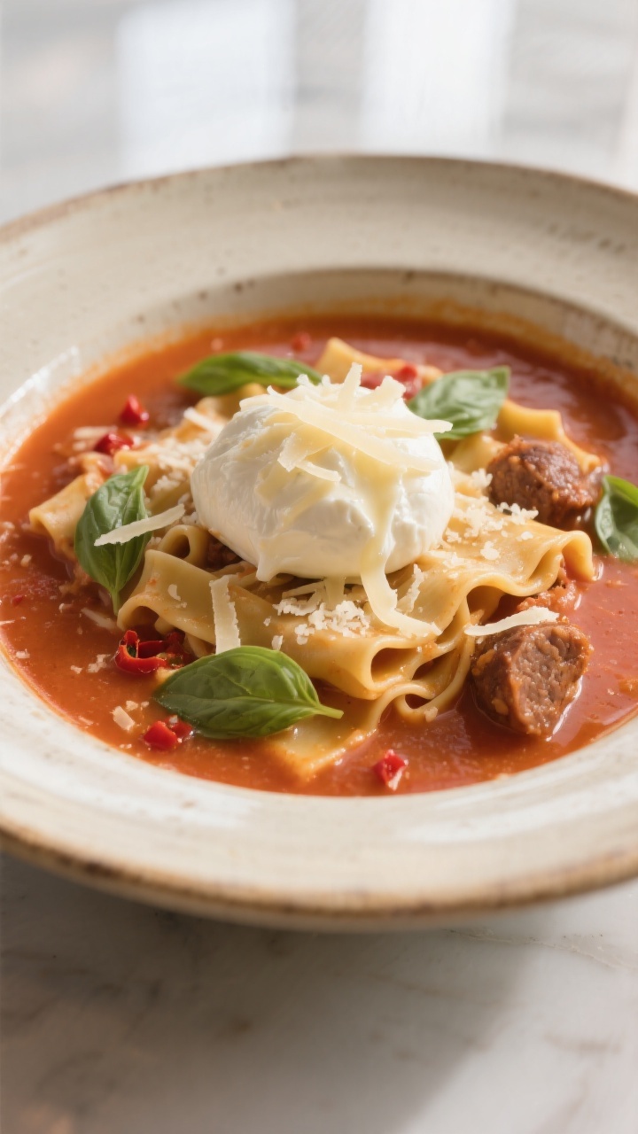 Final dish presentation: Restaurant-quality close 3/4 angle of lasagna soup plated in a shallow cera