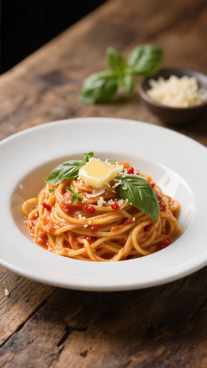 Final dish presentation: Restaurant-quality plate of Creamy Tomato Basil Pasta twirled high in a sha