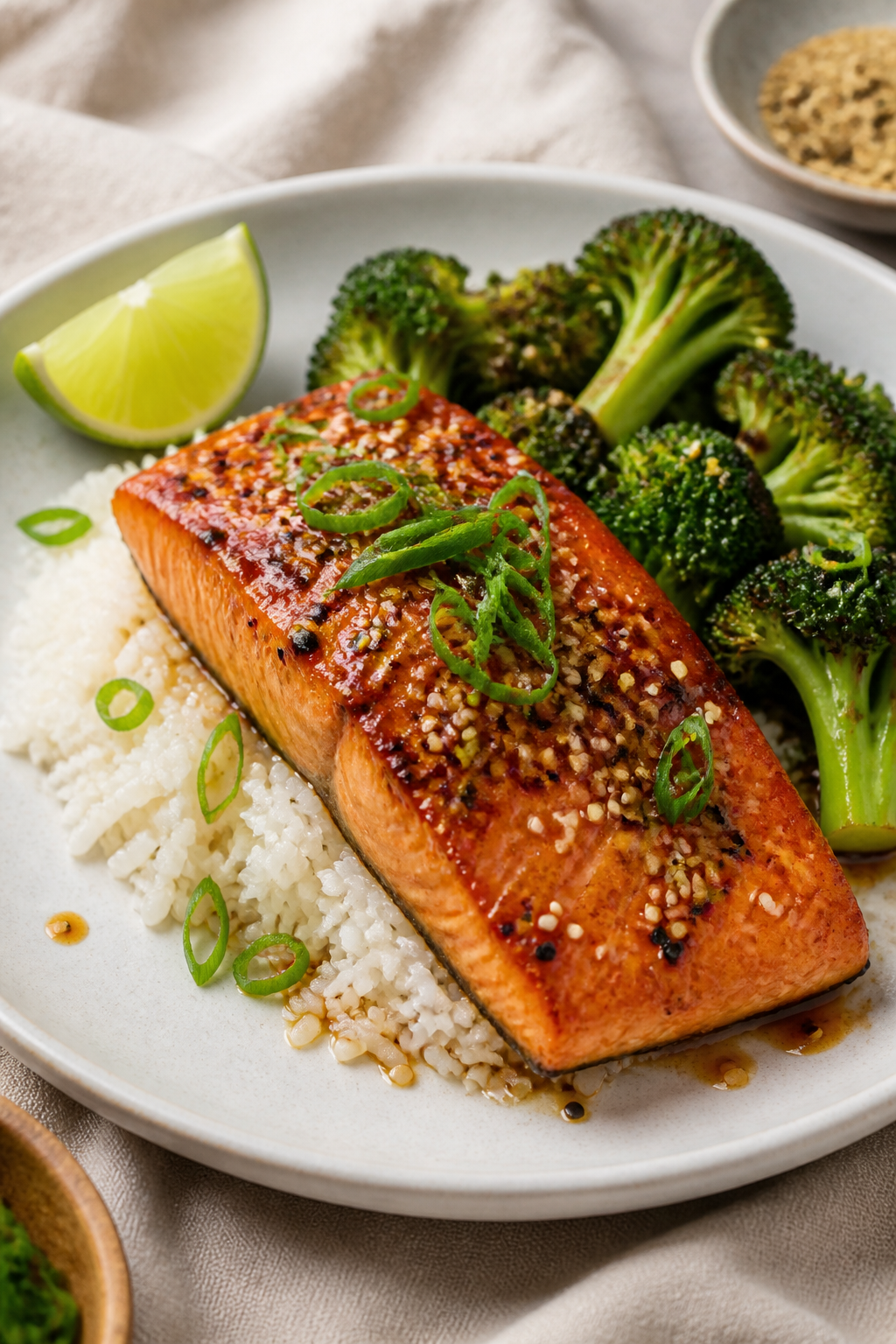 Final dish presentation: Restaurant-quality plate of Garlic Sesame Salmon over fluffy white rice wit