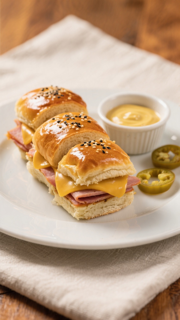Final dish presentation: Restaurant-quality plate-up of sliced Hawaiian roll sliders arranged in a s