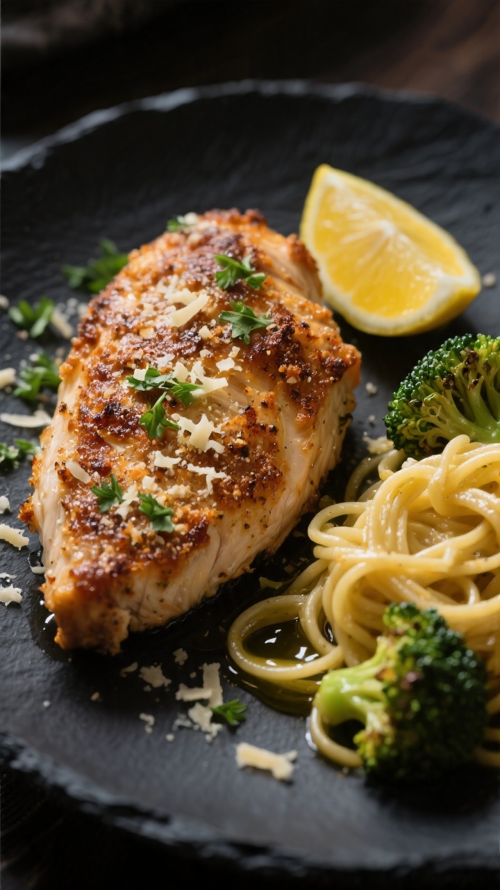 Final dish presentation: Restaurant-quality plate of whole Garlic Parmesan Chicken breast with deepl