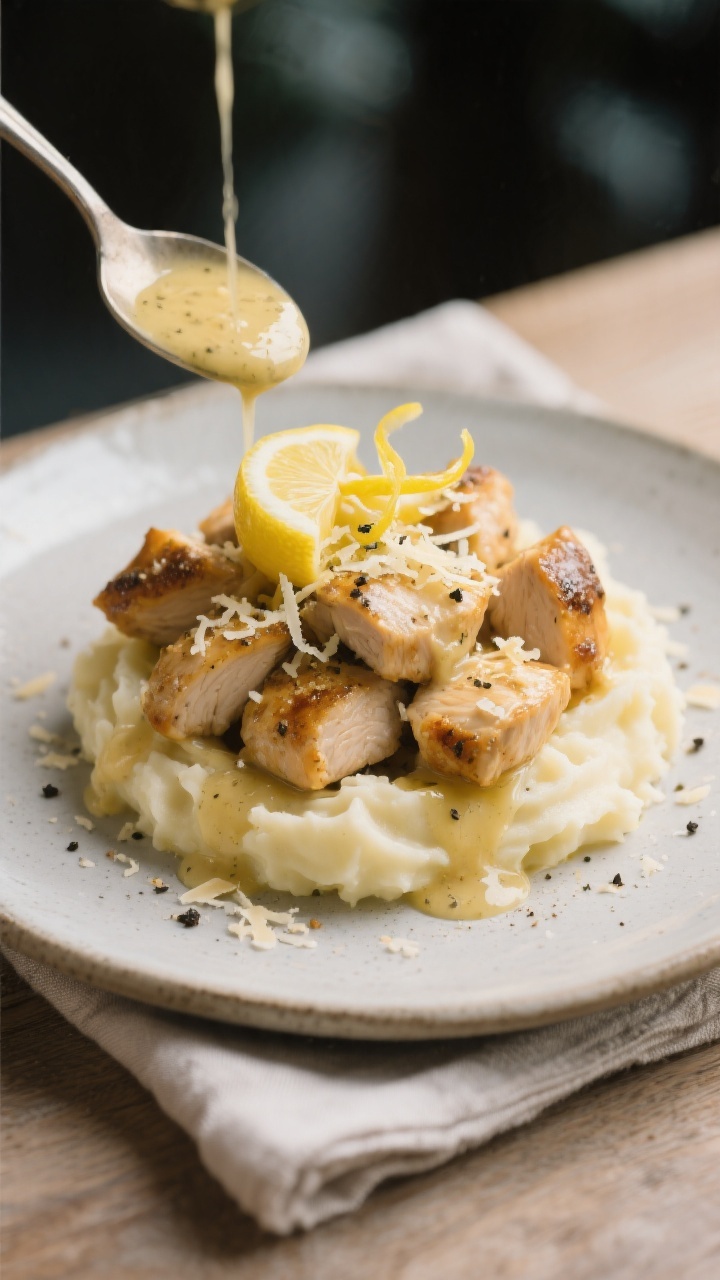 Final dish presentation: Restaurant-quality plate of garlic butter chicken bites layered over creamy