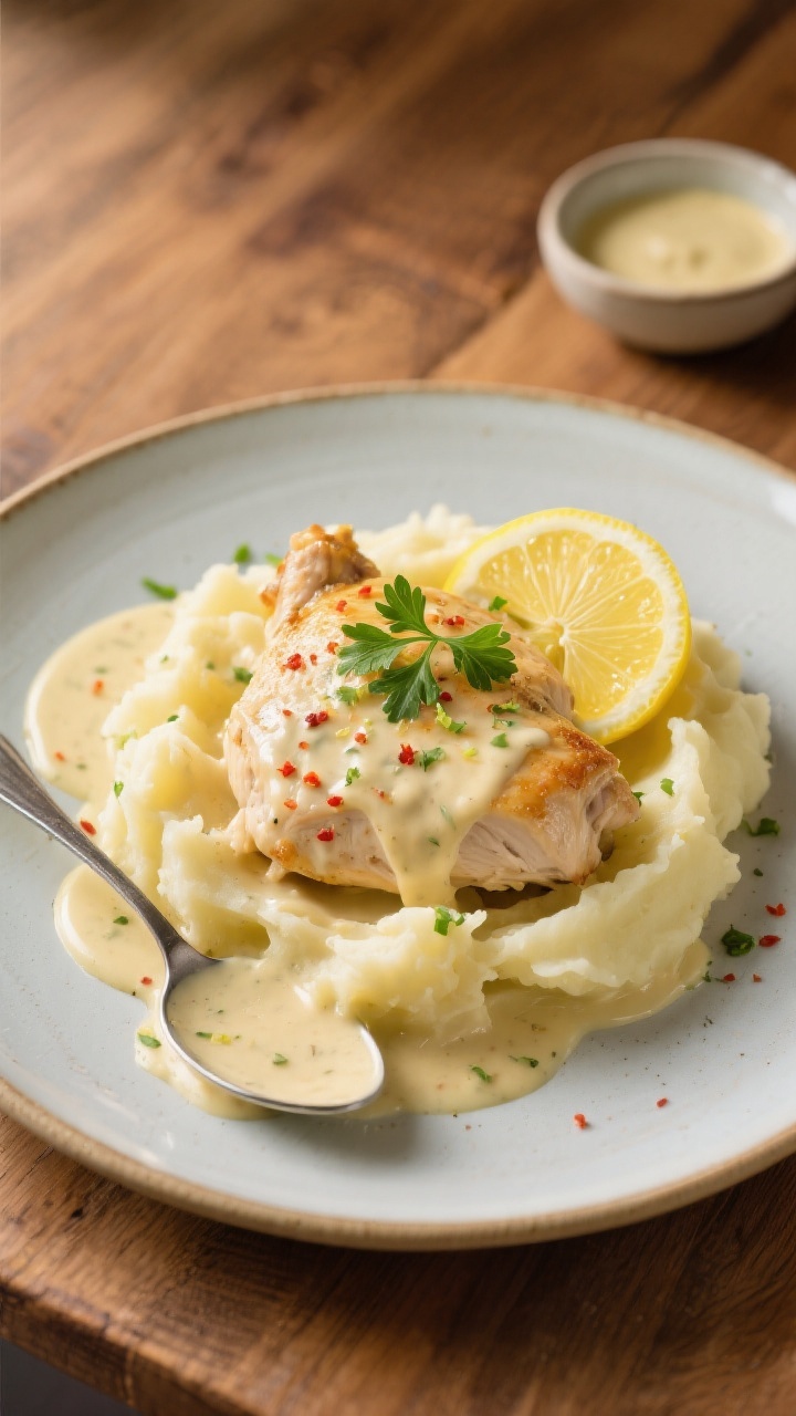 Final dish presentation: Restaurant-quality plate of creamy lemon garlic chicken served over buttery