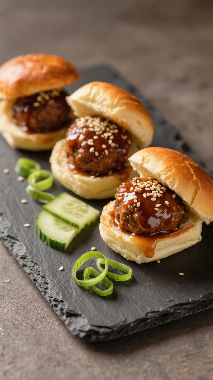 Final dish presentation: Restaurant-quality plate of glazed meatball sliders—three small brioche b