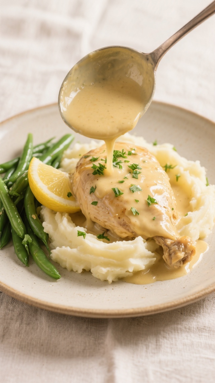 Final dish presentation: Restaurant-quality plate of Creamy Smothered Chicken over buttery mashed po