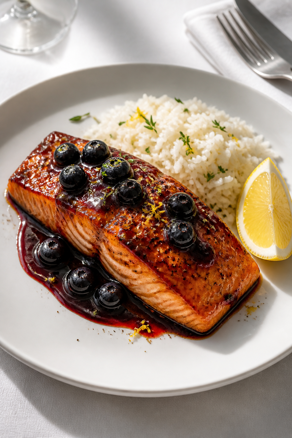Final dish presentation: Restaurant-quality plated Blueberry Balsamic Salmon on a matte white dinner