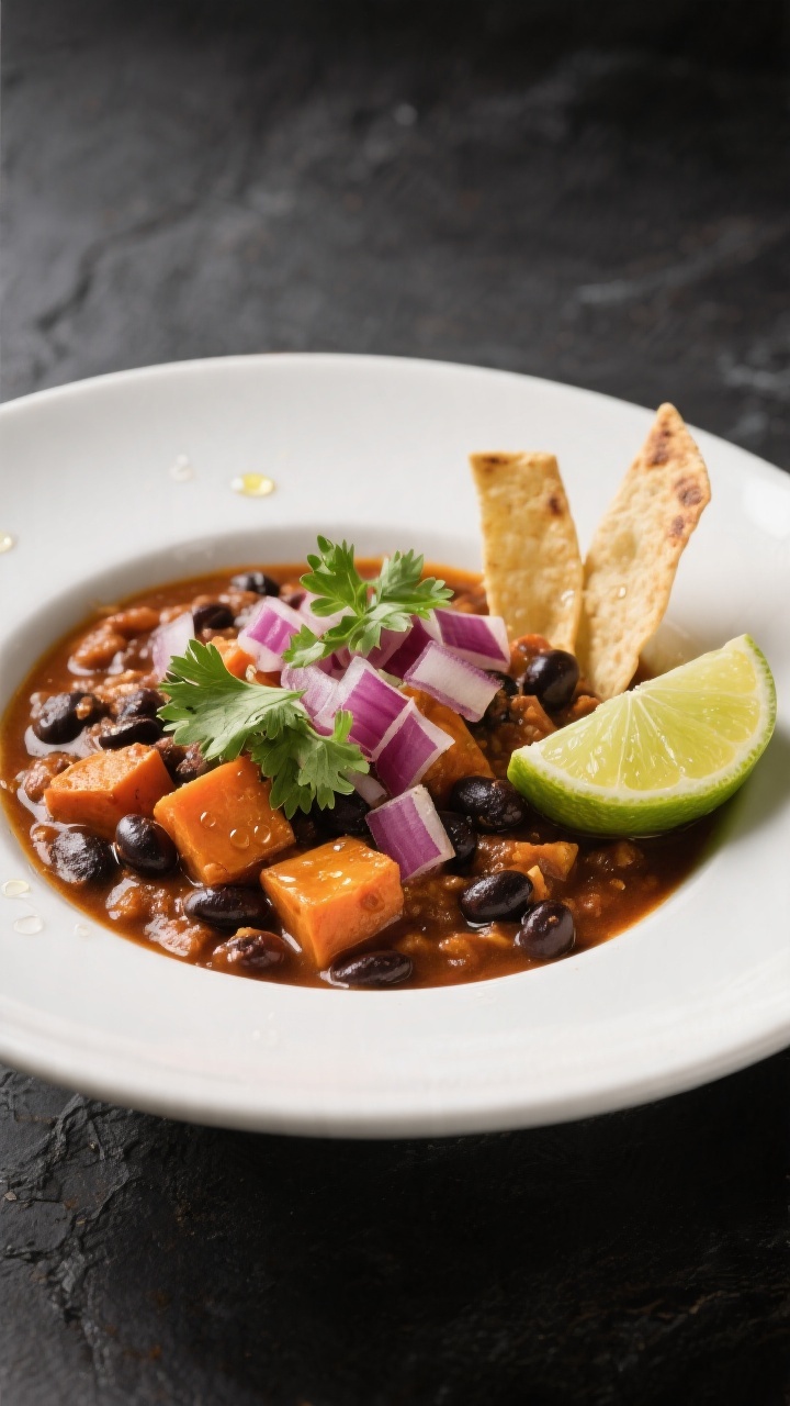 Final dish presentation: Restaurant-quality plated chili in a wide, shallow white bowl, finished wit