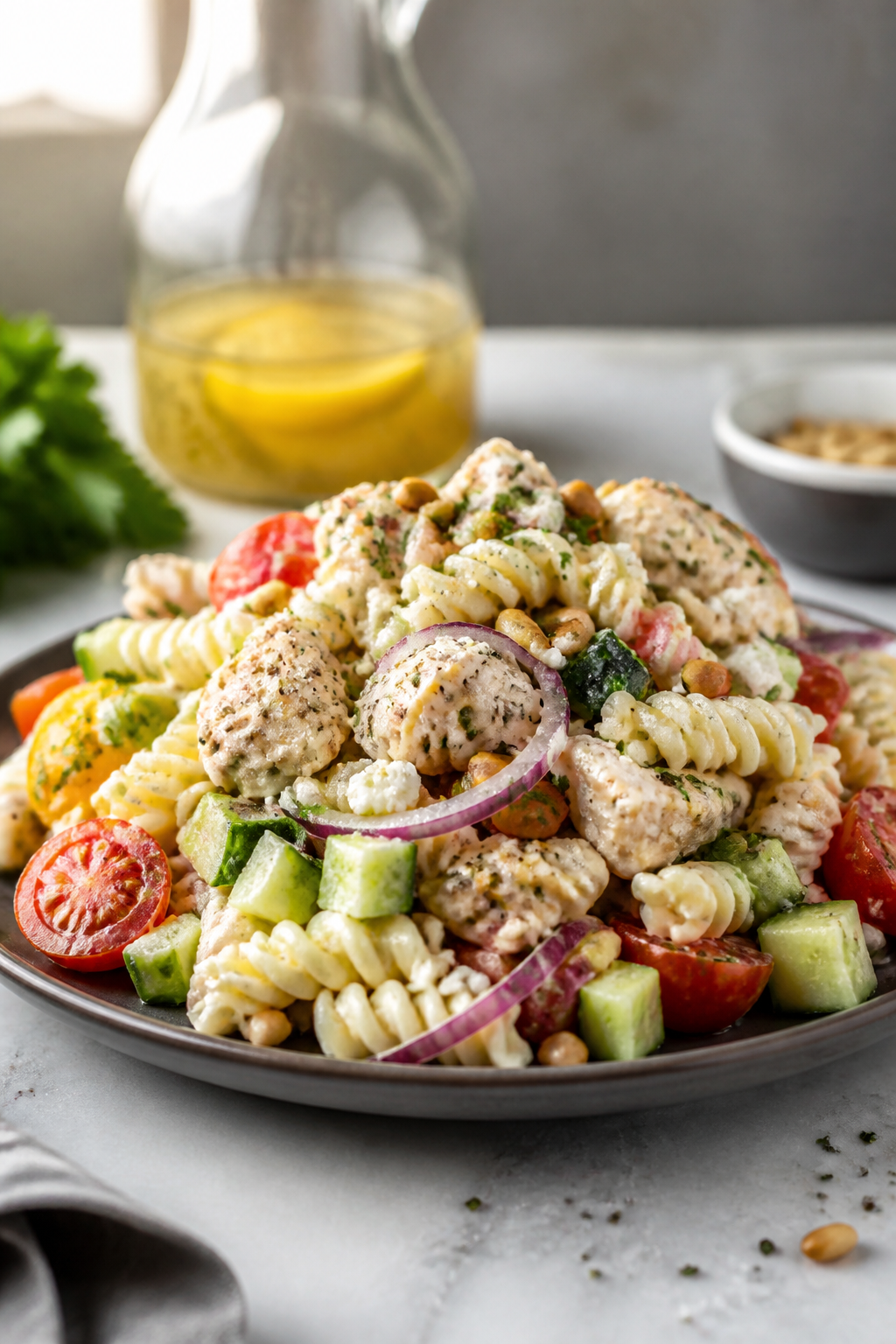 Final dish presentation: Restaurant-quality plated portion of the pasta salad on a matte stoneware p