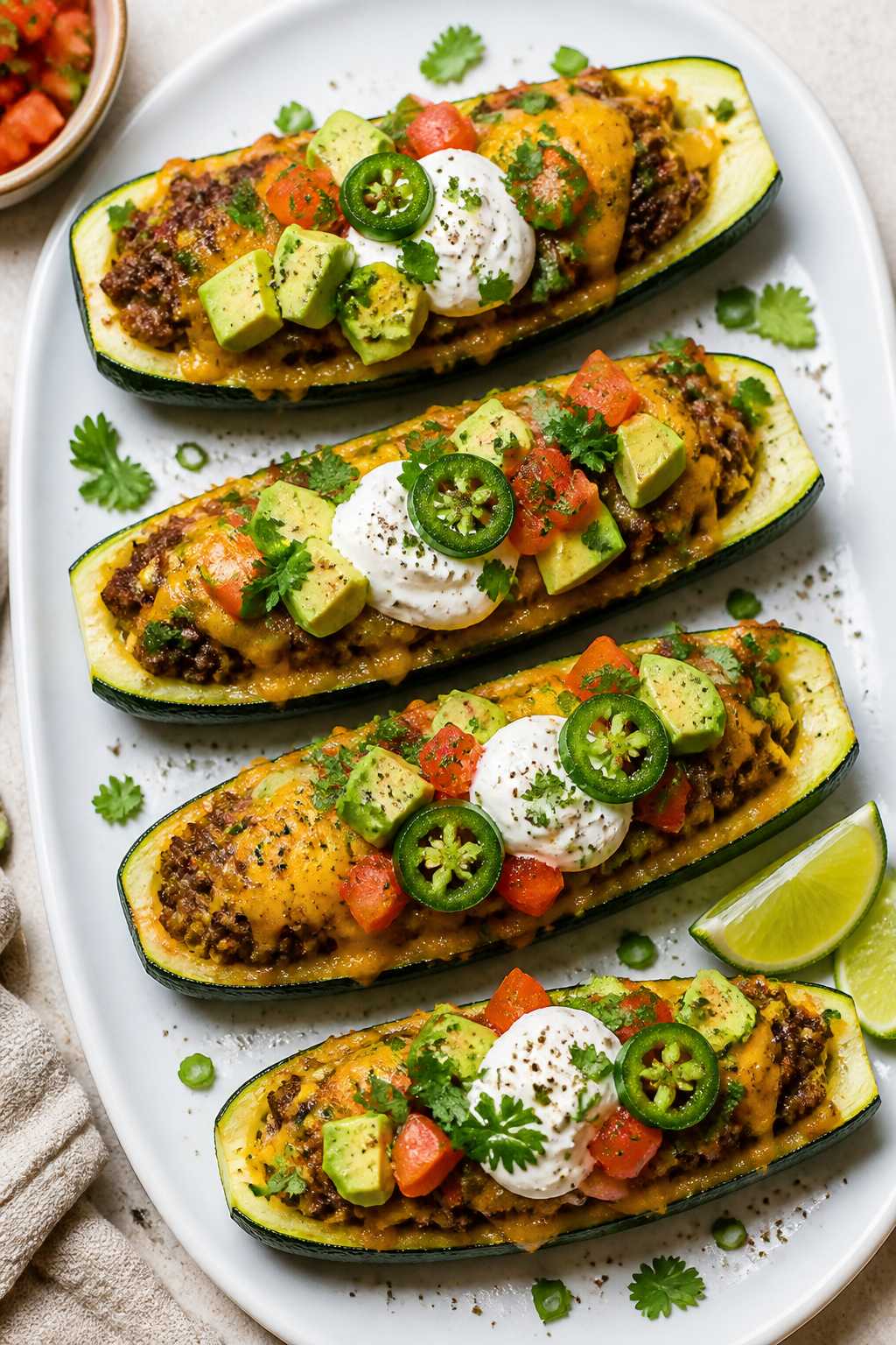 Final dish presentation: Restaurant-quality plated Low Carb Taco Zucchini Boats arranged on a wide w