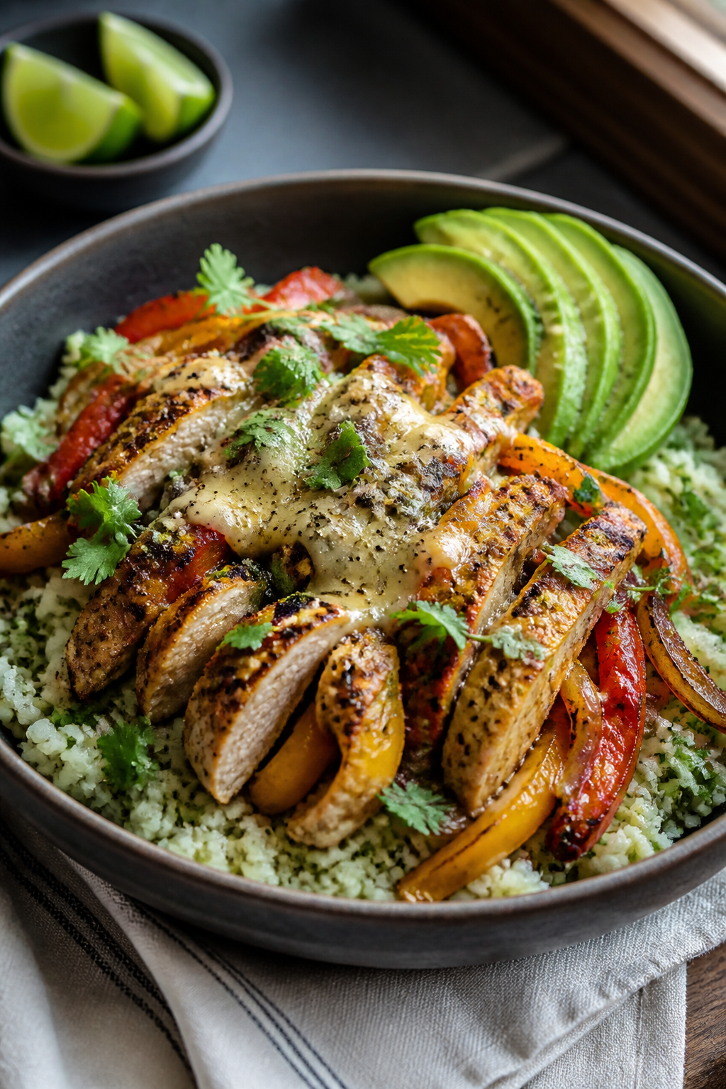 Final dish presentation: Restaurant-quality plated chicken taco bowl variation with cilantro-lime ca