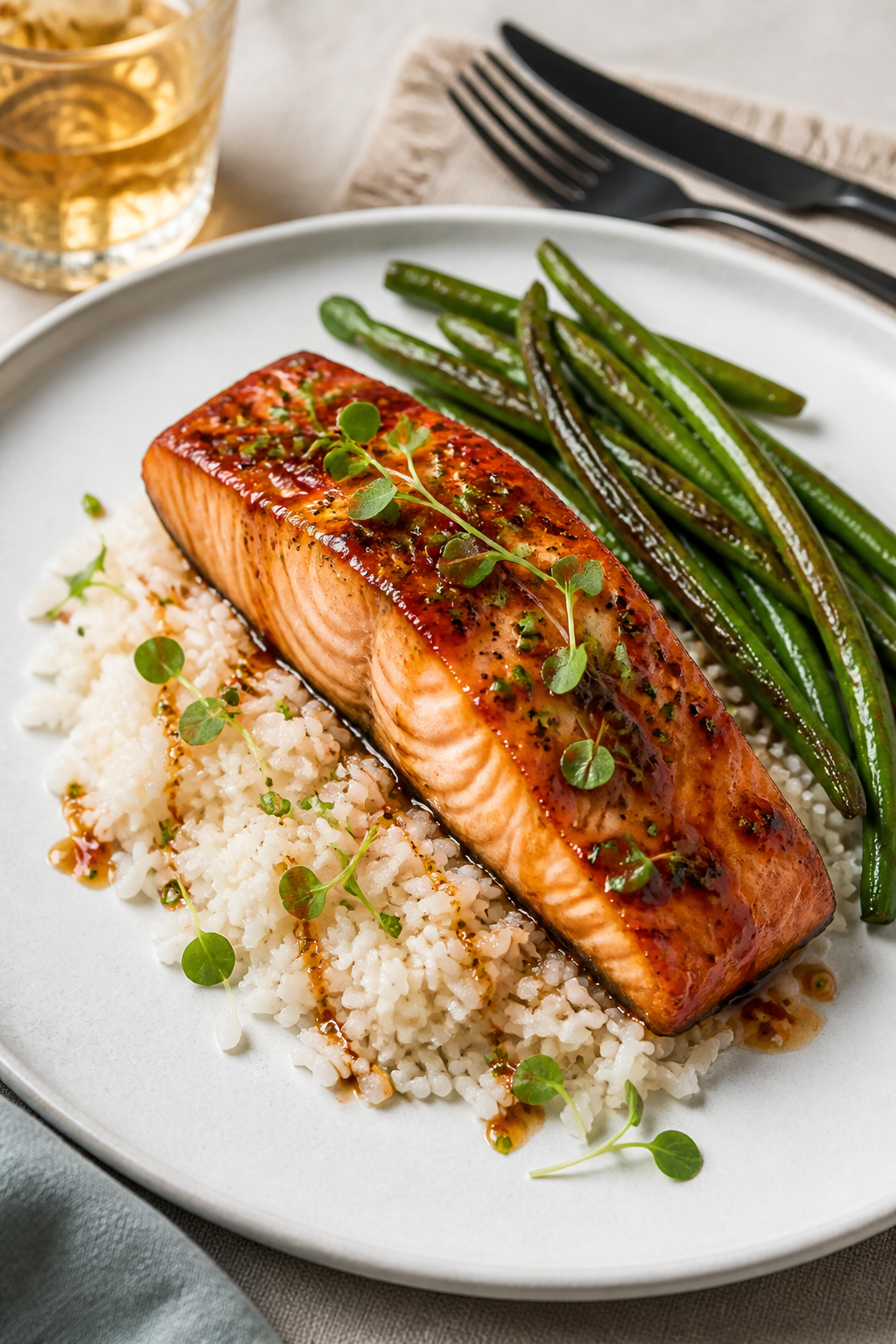 Final dish presentation: Restaurant-quality plated Peach Bourbon Glazed Salmon on a wide, white cera