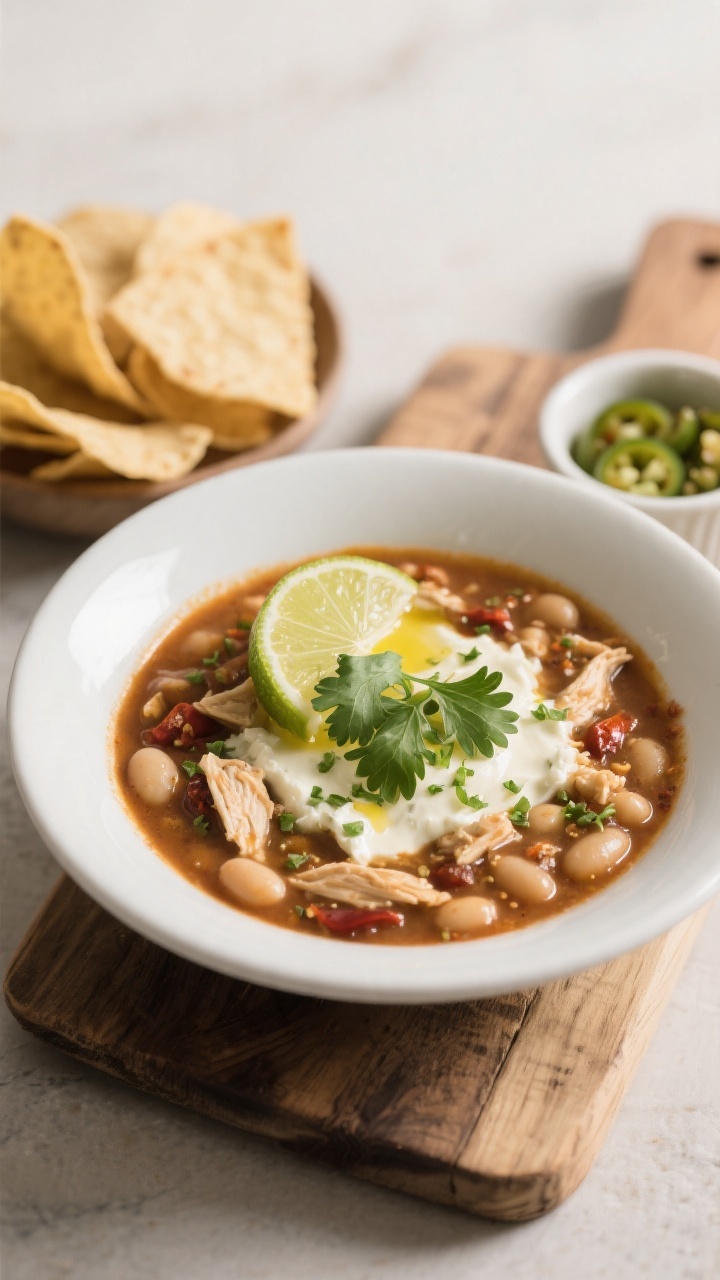 Final dish presentation: Restaurant-quality plated bowl of white bean chicken chili, luxuriously cre