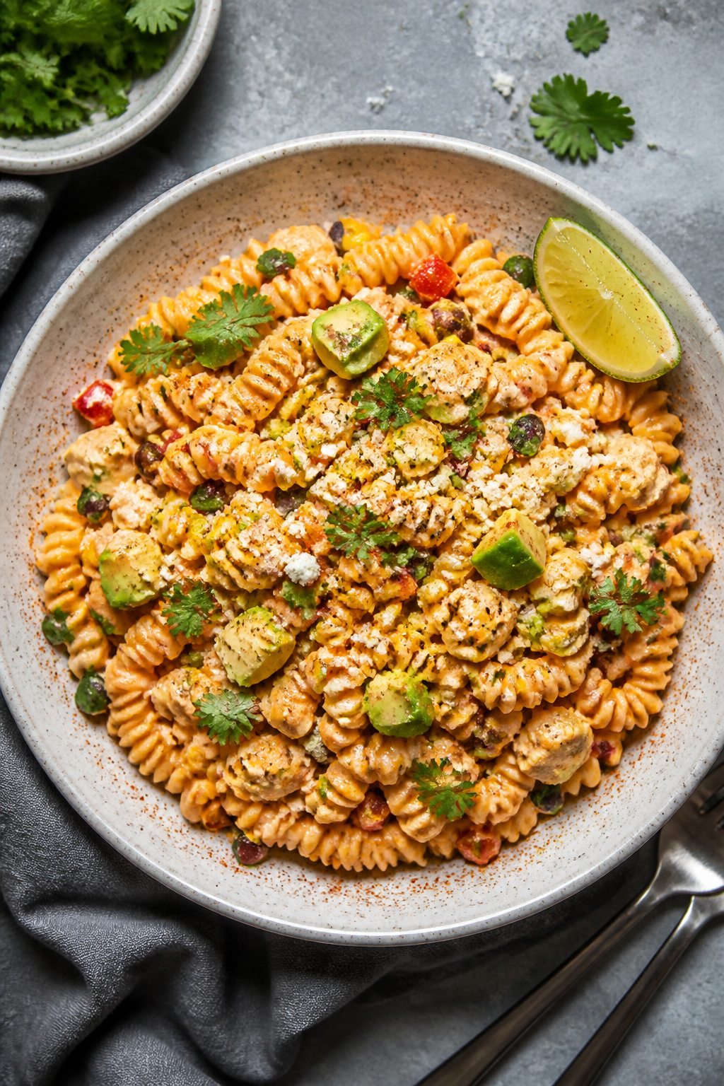 Final dish presentation: Restaurant-quality plated High Protein Creamy Chipotle Pasta Salad in a wid