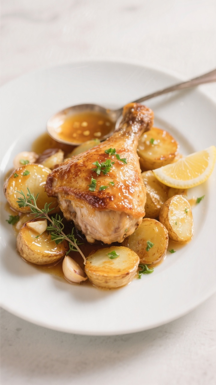 Final dish presentation: Restaurant-quality plated serving—one crispy-skinned chicken thigh atop a
