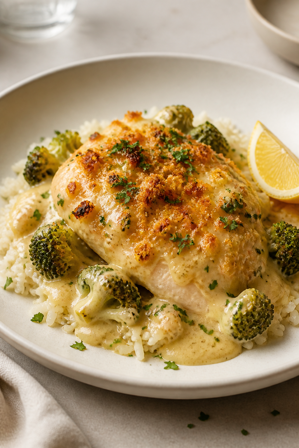 Final dish presentation: Restaurant-quality plated serving of Melt-In-Your-Mouth Chicken Broccoli Ba