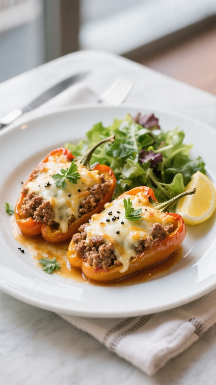 Final dish presentation: Restaurant-quality plated serving of two cheesy ground turkey stuffed peppe