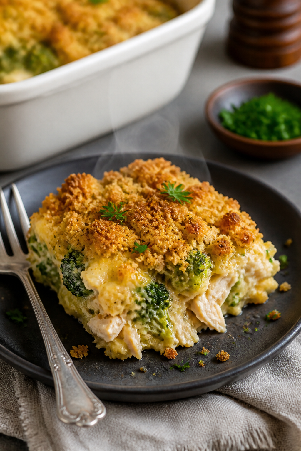Final dish presentation: Restaurant-quality plated serving of Million Dollar Chicken Broccoli Casser