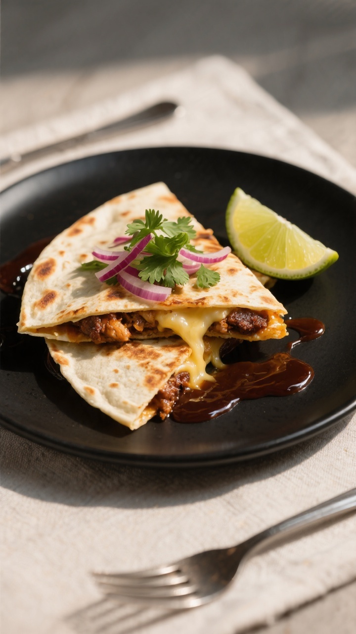 Final dish presentation: Restaurant-quality plated BBQ Chicken Quesadilla stack (two wedges slightly