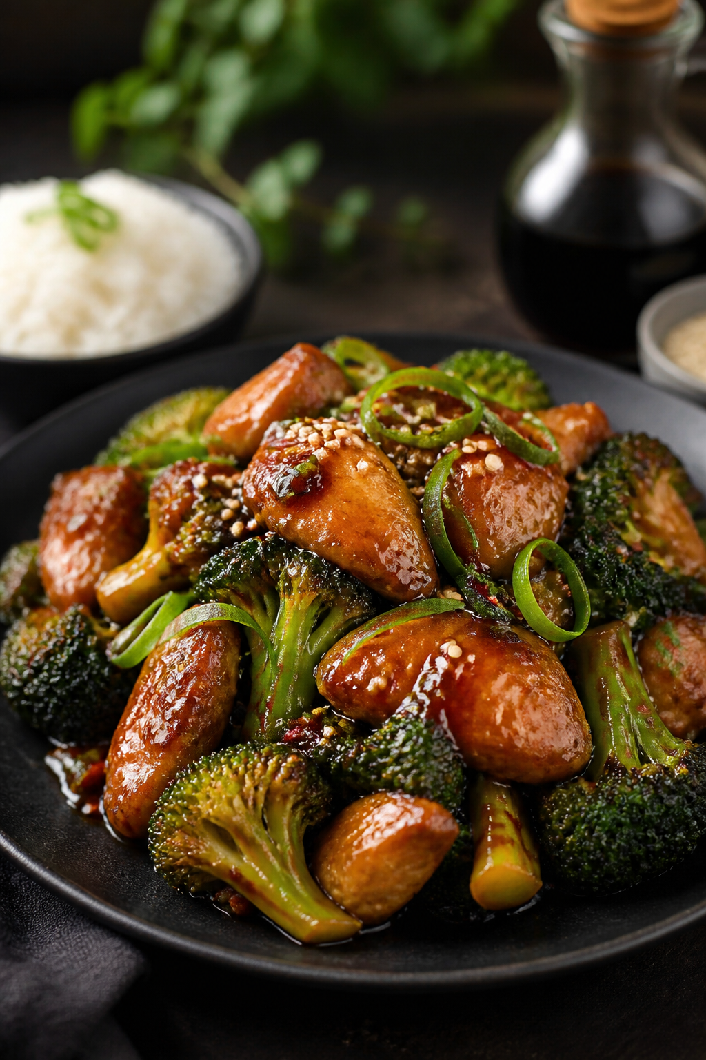Final dish presentation: Restaurant-quality plated teriyaki chicken and broccoli piled high on a mat