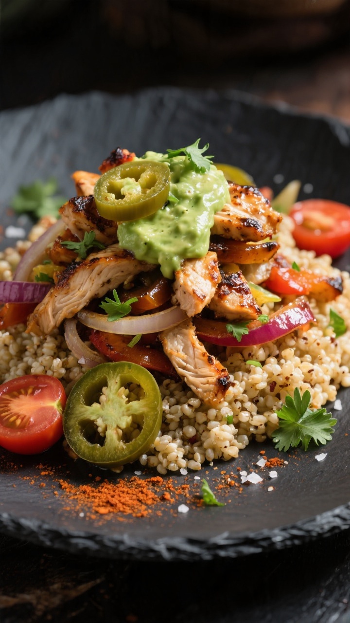 Final dish presentation: Restaurant-quality plated quinoa fajita bowl variation on a dark slate plat