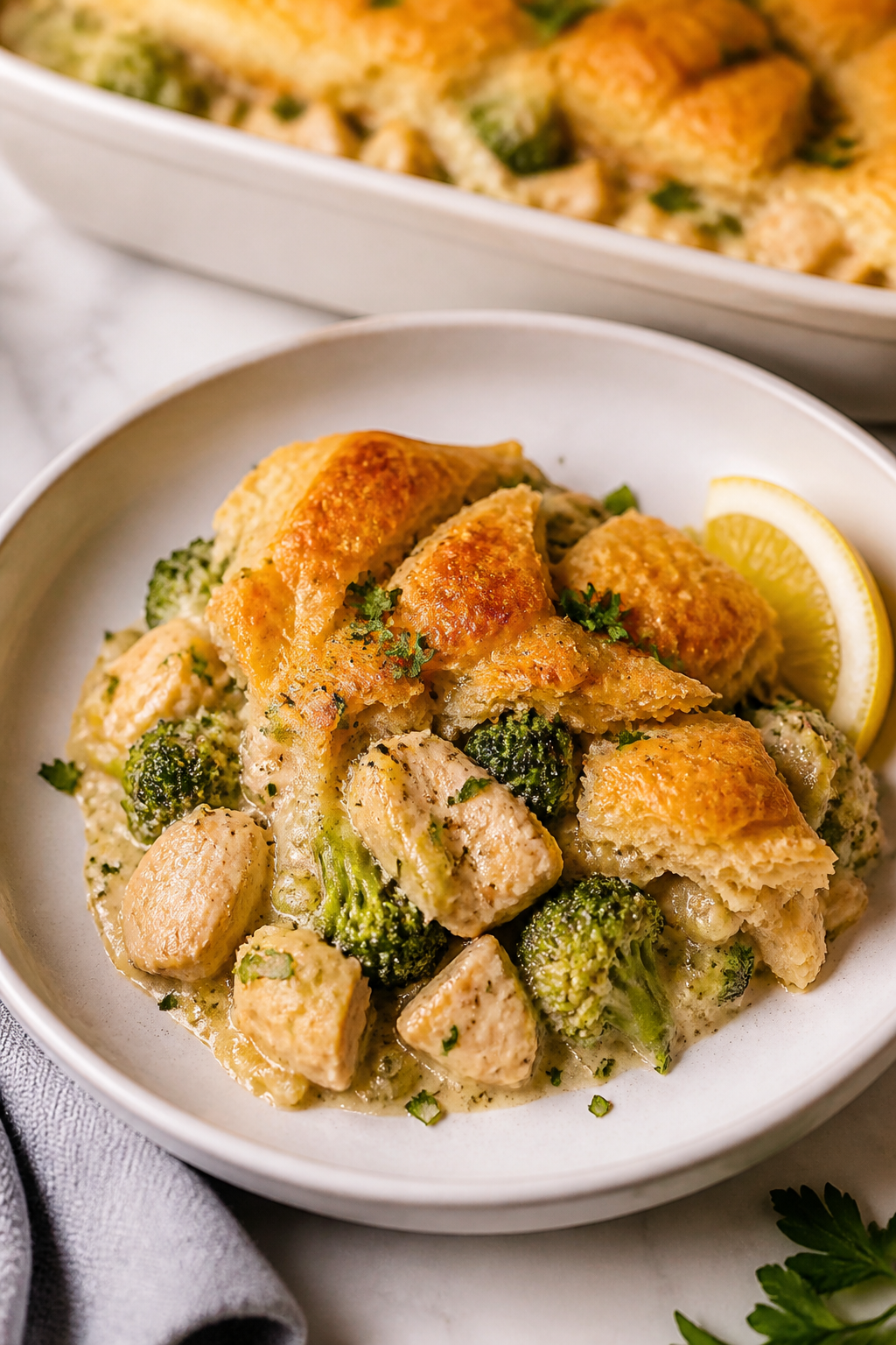 Final dish presentation: Restaurant-quality plated serving of Chicken Broccoli Pot Pie Casserole—g