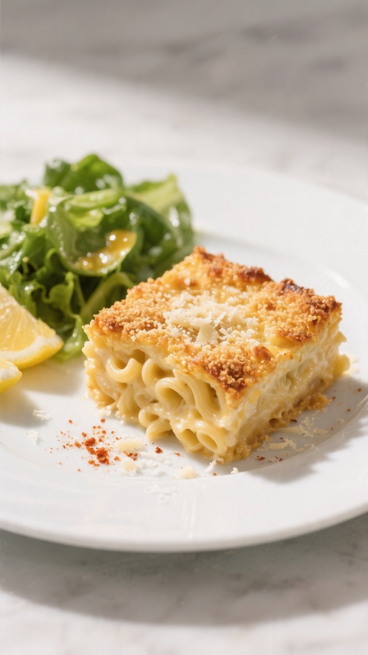 Final dish presentation: Restaurant-quality plated square of mac and cheese casserole on a matte whi