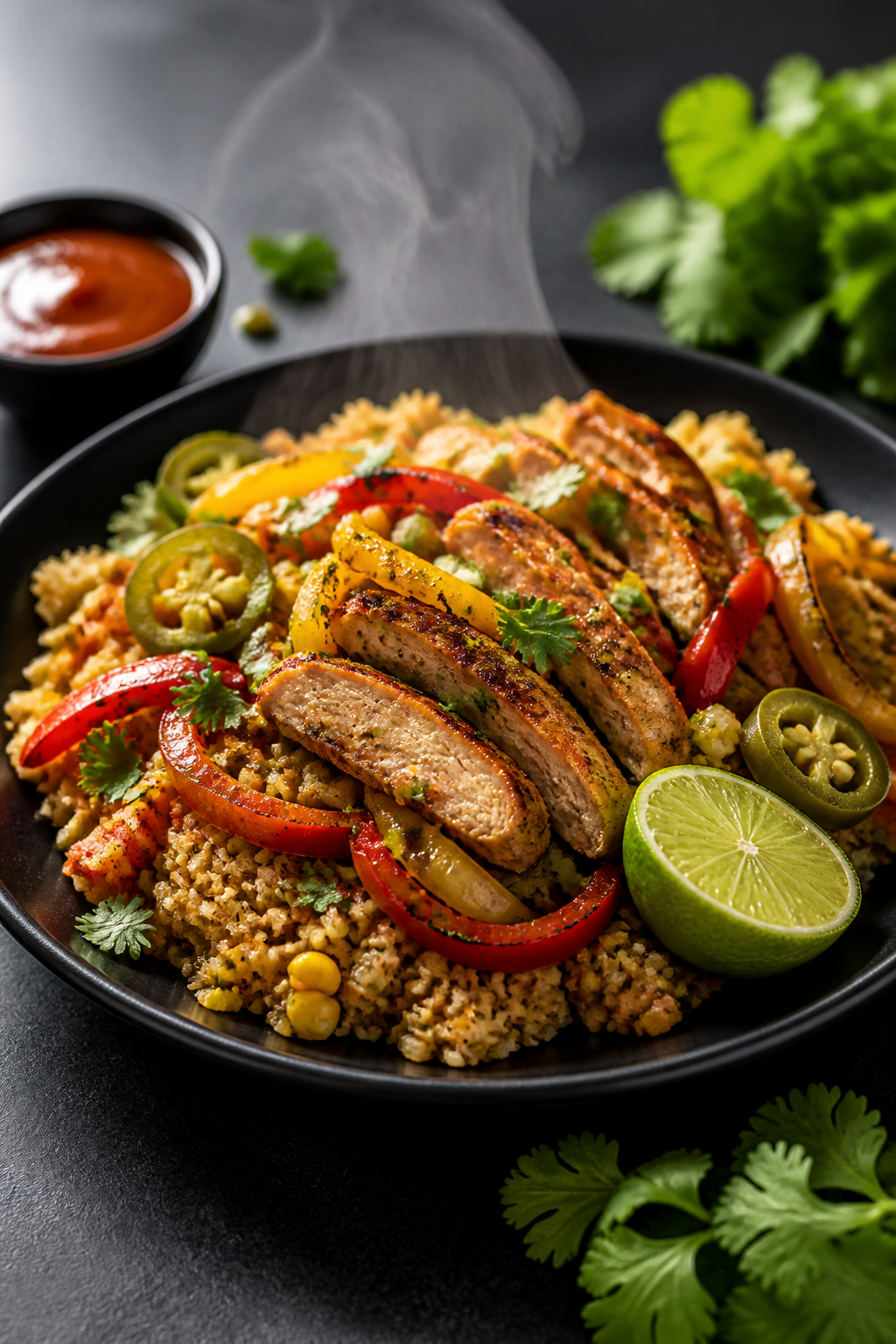 Final dish presentation: Restaurant-quality plated Skinny Chicken Fajita Rice Bowl using cauliflower
