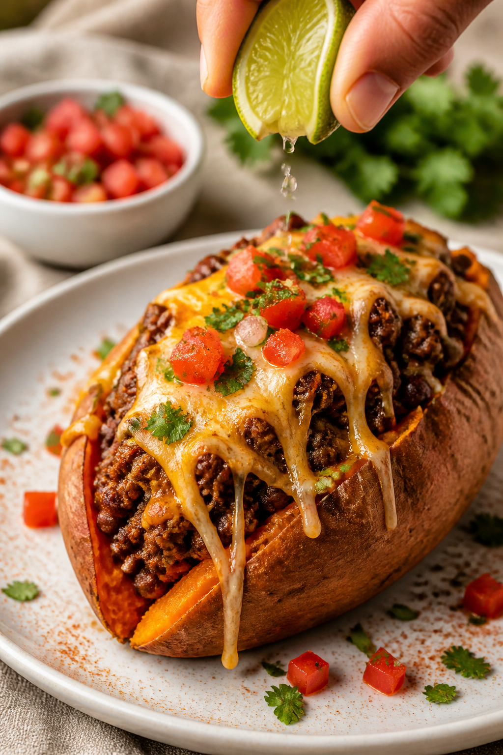Final dish presentation: Restaurant-quality plated Cheesy Taco Stuffed Sweet Potato on a white ceram