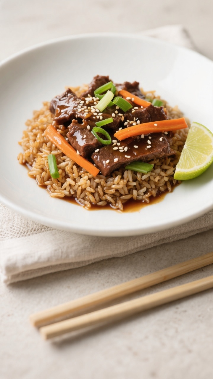 Final dish presentation: Restaurant-quality plated Healthy Slow Cooker Mongolian Beef over fluffy br